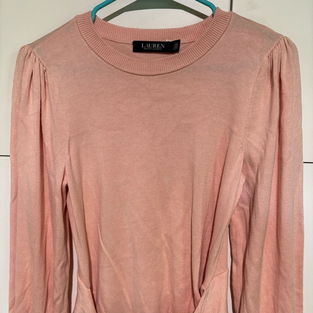 Ralph Lauren Black Label Womens Sweater Small Pink Puff Sleeve Tie Accent Preppy